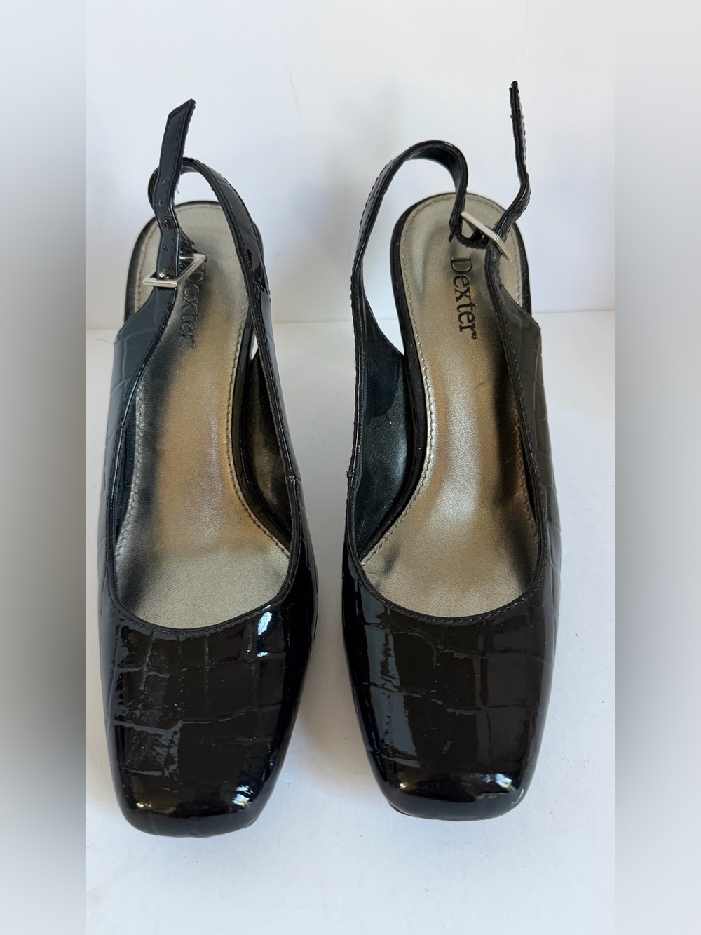 Dexter Black Patent Croc-Embossed Slingback Heels